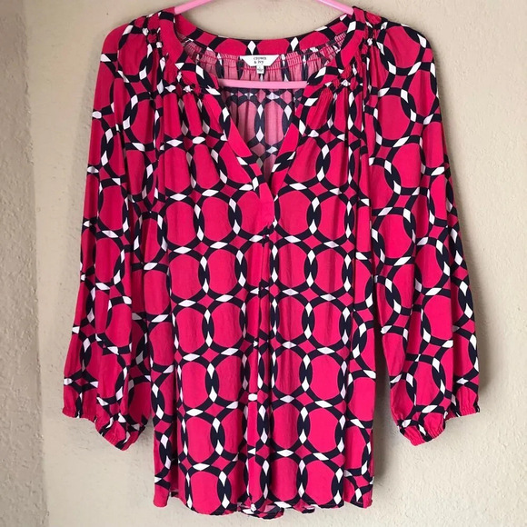 Crown & Ivy Top Women Large Peasant V-Neck Geometric Design 50s Maximalist Style - Picture 1 of 7